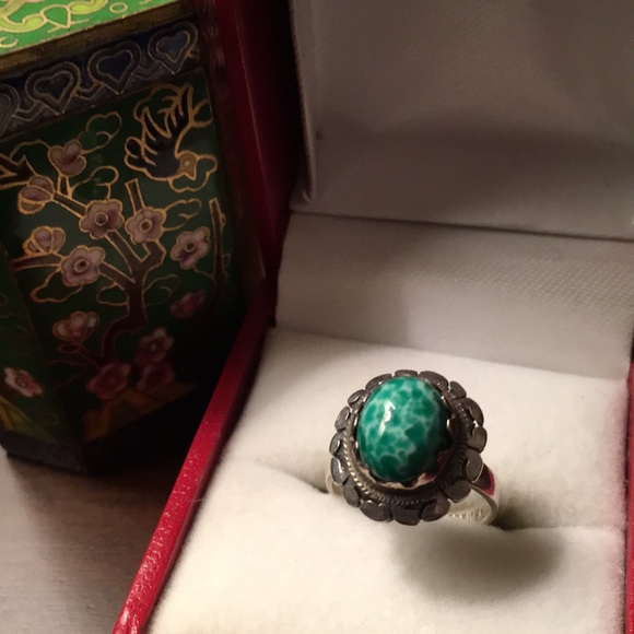Art Deco Vintage Peking Glass Ring Mexico 925 - Picture 3 of 7